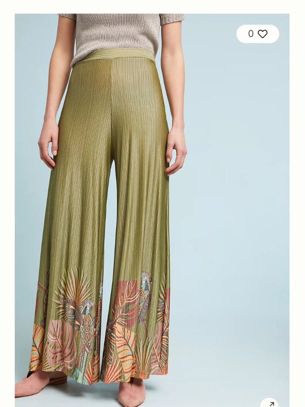 FARM Rio Olive Green Wide-Leg Palazzo Pants with Tropical Hem Print